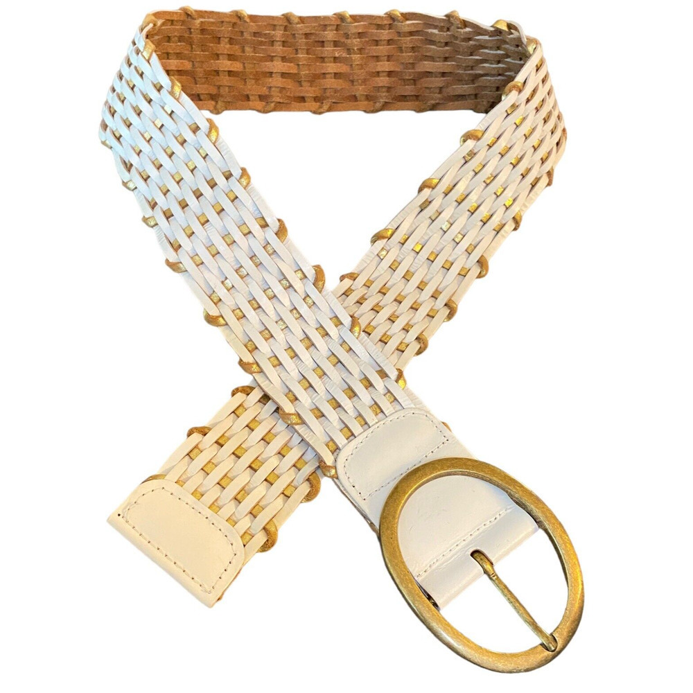White Gold Woven Braid Wide Leather Belt Oval Brass Buckle Sz M India